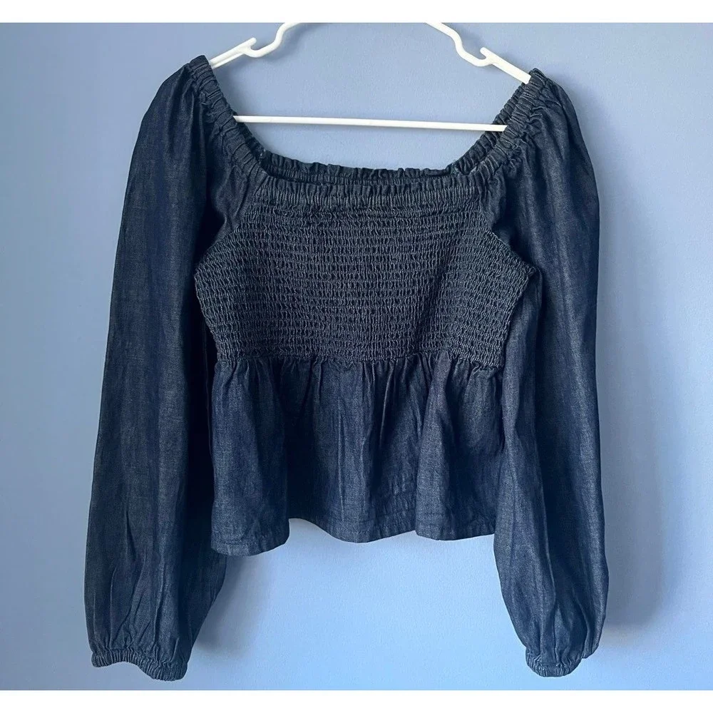 J Crew puff sleeve chambray smocked preppy top large
